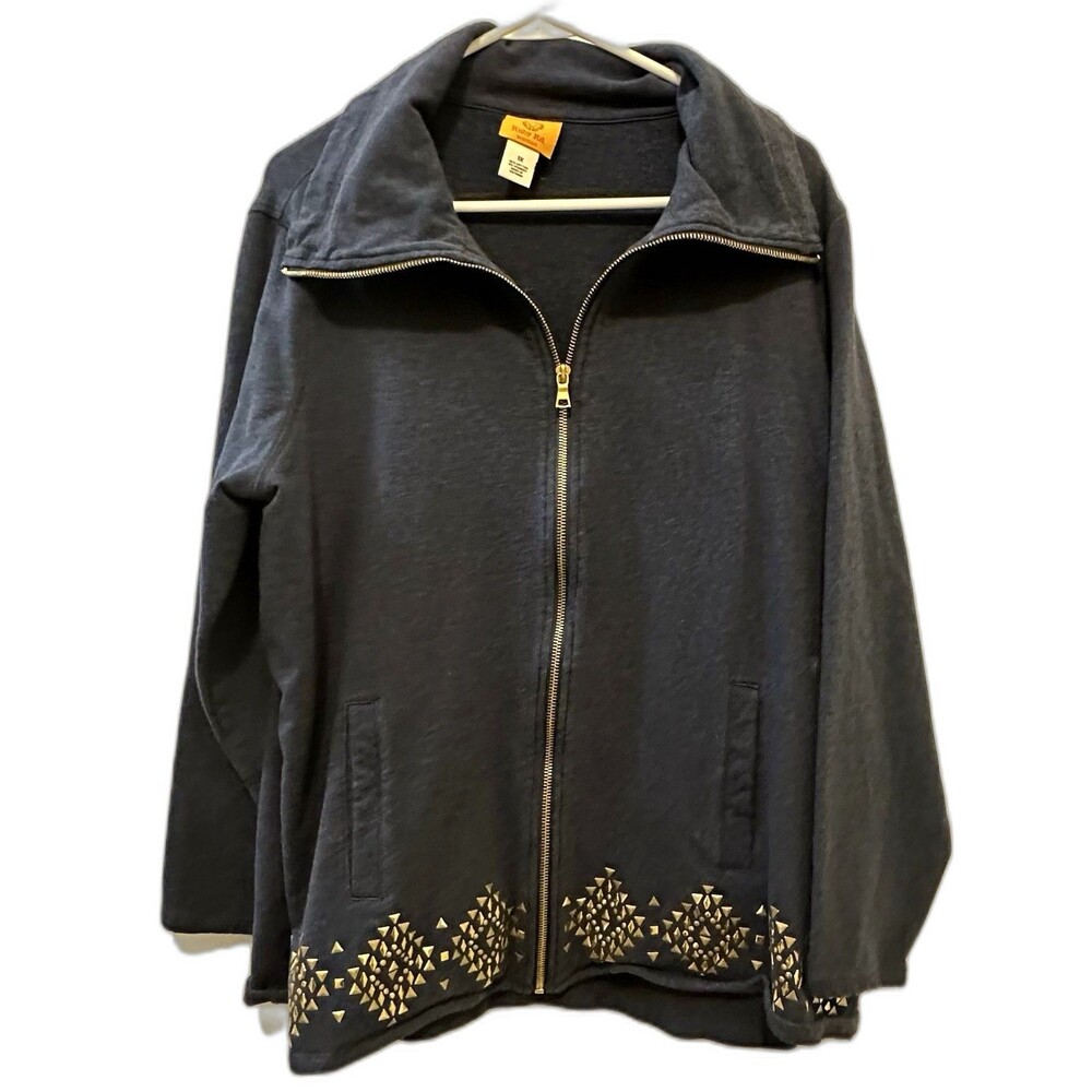 Ruby Rd. Dark Blue Full Zip-up Gold Embellished Sweatshirt Jacket Plus Size 1X
